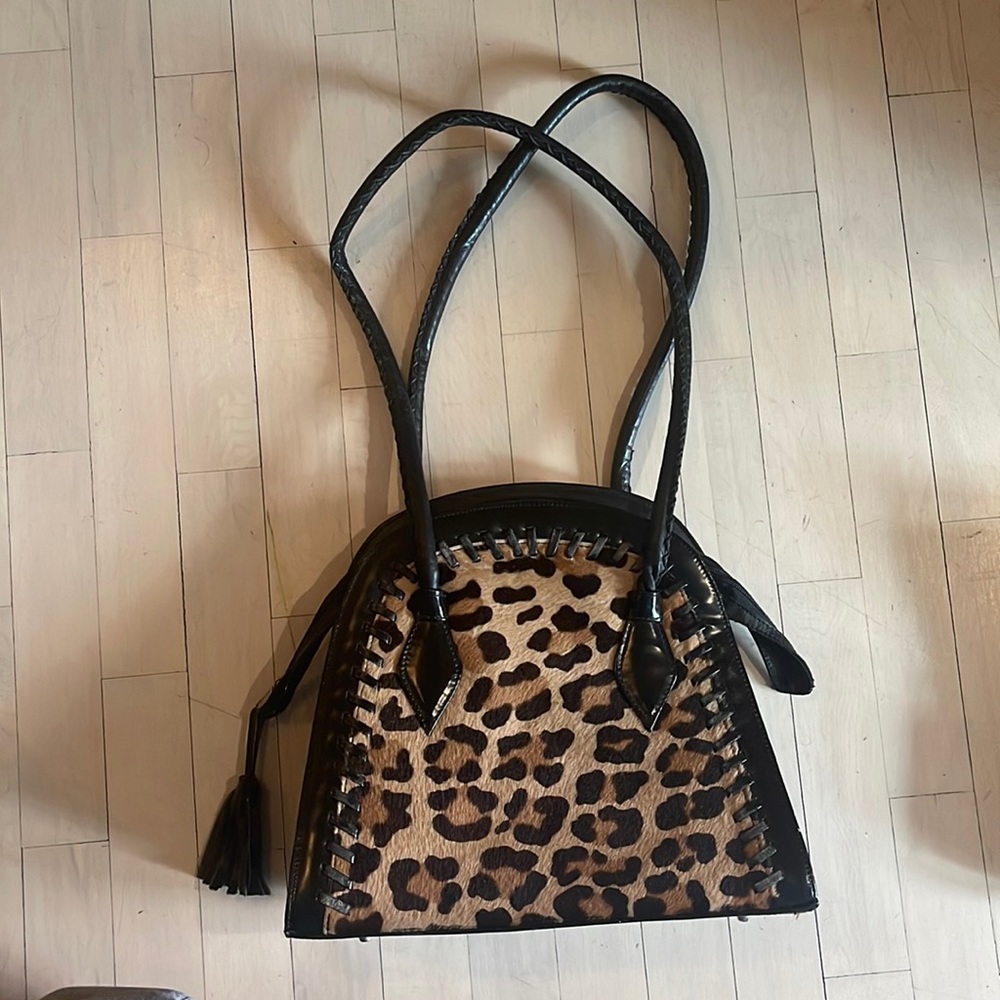 Vintage Donald Pliner leopard cowhide leather zipped tote bag